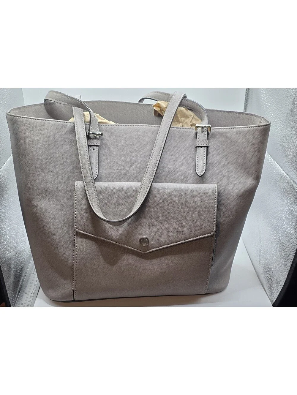 Michael Kors Jet Set Large Saffiano Leather Snap Pocket Tote Pearl Grey